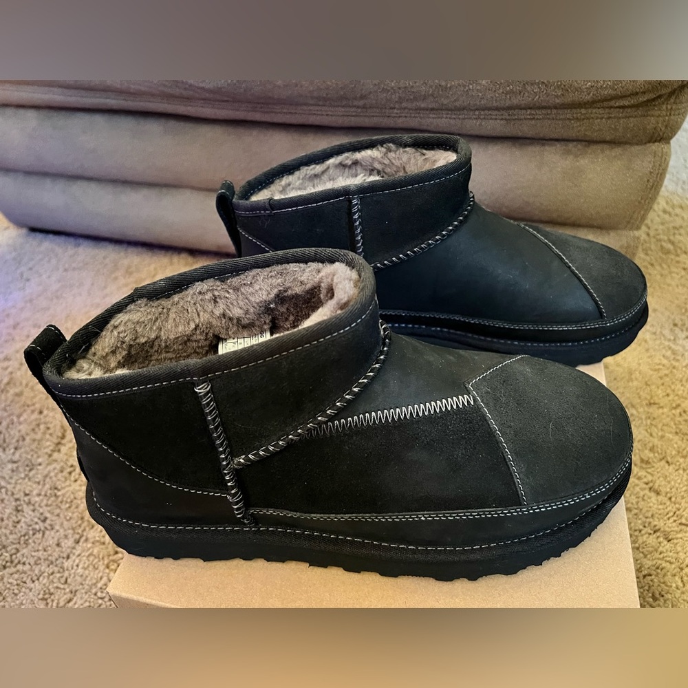 UGG CLASSIC ULTRA MINI REIMAGINED BLACK MULTI SUEDE WOMEN'S BOOTS SIZE US 10 NEW - Picture 3 of 7